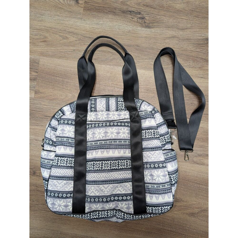 lsaac Misrahi Duffel Bag Fair Isle Blue White Nordic Snow Pattern Black Handles